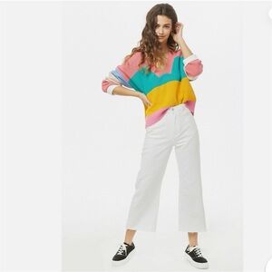 Vintage Forever 21 Chunky Rib Knit Multicolor Colorblock Striped V-Neck Sweater